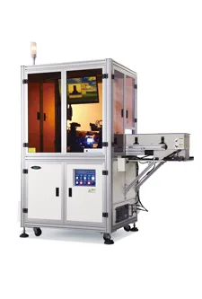 ACV-16041 auto optical fastener inspection machine with dual CCD cameras, feeding bowl, and sorting bins for high-speed inspection of micro fasteners used in electronics manufacturing