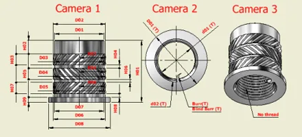 fastener parts head width / height / pinhole depth / recess shape / burr in recess / spiral thread / thread I.D. / thread E.D./ neck/length / shank vertical / screw length / first thread / drunk thread / head crack / plating / insert nut thread / burr / dimension / etc.