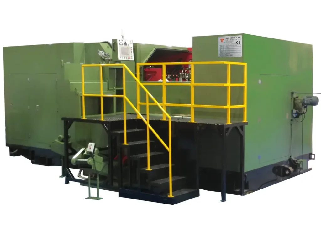 Bolt Parts Former Machine 4 6-station bolt former machine for high-precision multi-stage cold forging, designed with heavy-duty green frame, yellow safety platform, synchronized transfer system, and advanced forming mechanism for complex fasteners.