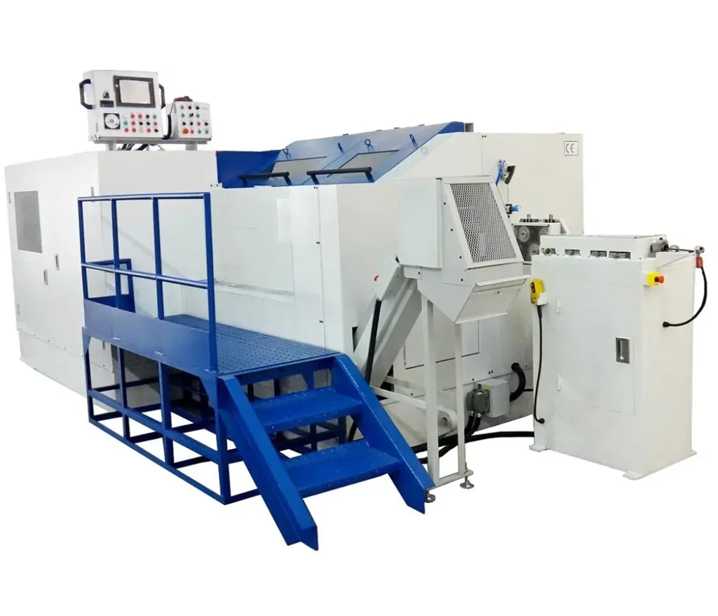 Bolt Parts Former Machine 5 7-station bolt parts former machine engineered for complex multi-stage cold forging applications, featuring full enclosure, multi-station progressive forming system, operator control console, and elevated access platform.