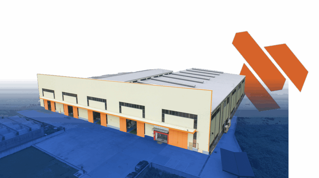 Aerial view of YESWIN Machinery manufacturing facility in Taiwan, featuring a large modern industrial building with multiple loading bays and production areas.